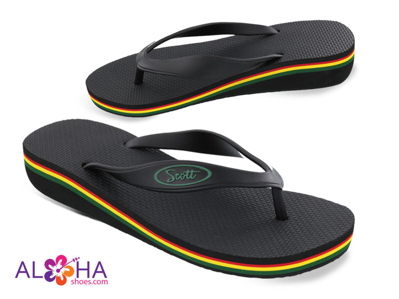 Scott Olu Wedge Sandal | Black Beach Reggae Stripes - AlohaShoes.com